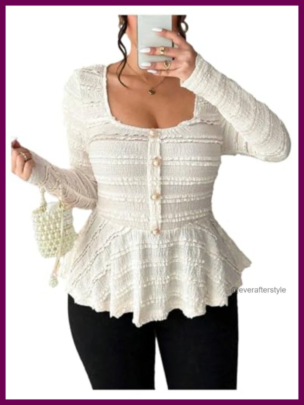 Plus Size Long Sleeve Peplum Top Square Neck Ruffle Hem Blouse